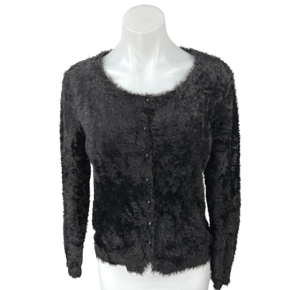 Mark & Spencer Black Fleece Faux Fur Button Down Cardigan Sweater Top Size M/L